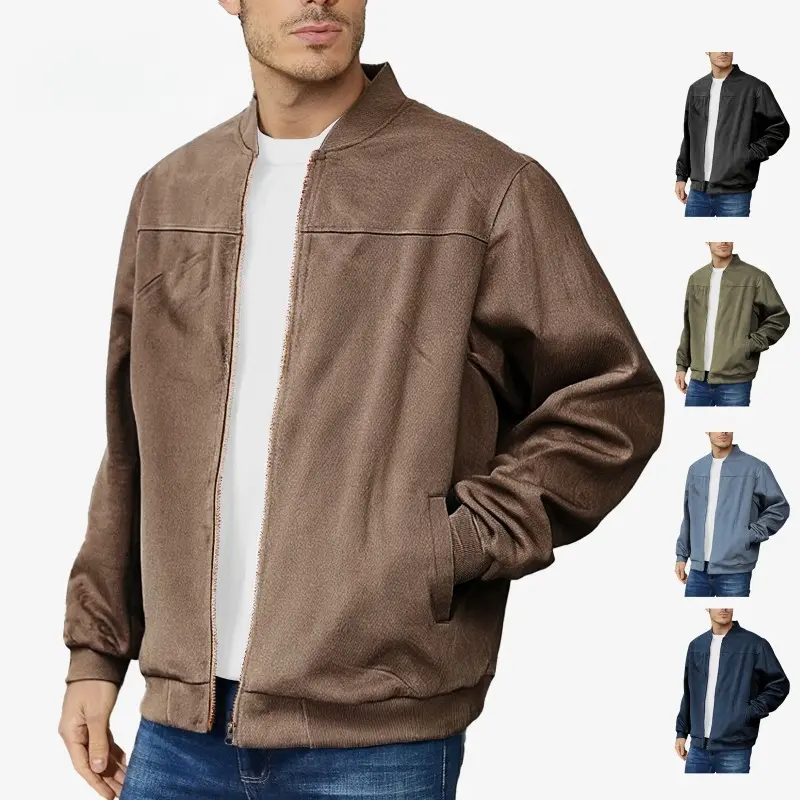 Men's Suede Jacket Fashion Casual Zipper Long Sleeve Cardigan Jacket