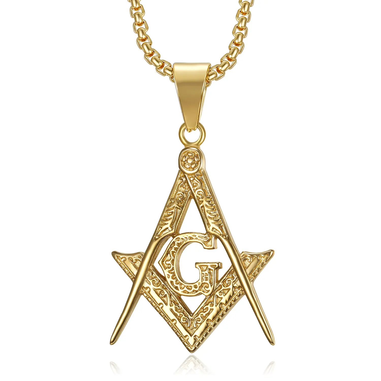 18K Gold Plated Freemason Symbol Pendant Stainless Steel Necklace for Men, 24 inch Chain Masonic Hip Hop Jewelry Gift Necklace And Chain Fashion Necklace