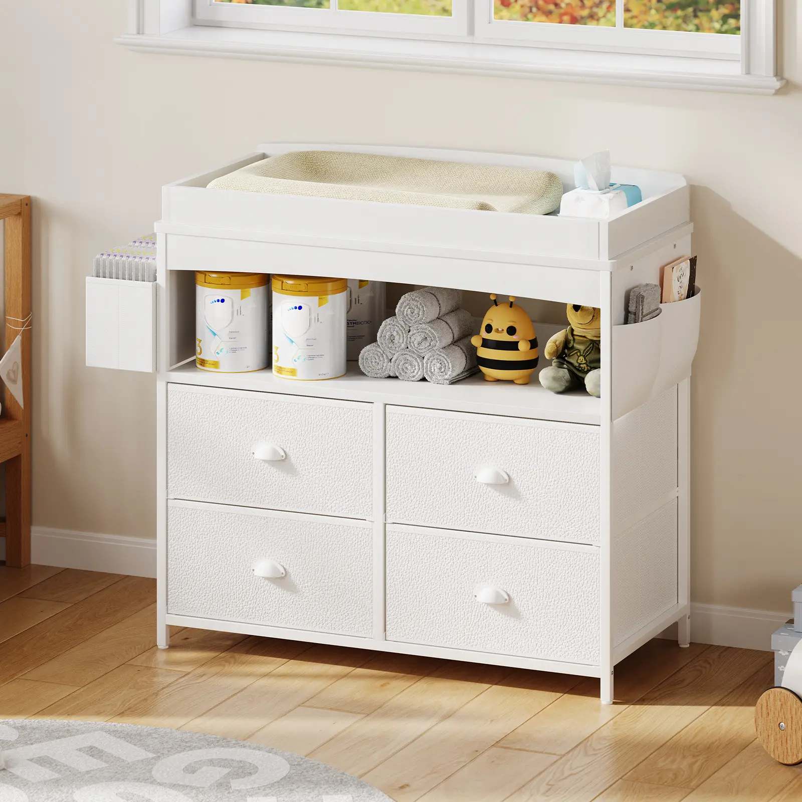 Baby Changing Table Dresser with Storage, Baby Dresser with Changing Table Top & 4-Fabric Drawer, Diaper Changing Station with Storage Shelf for Nursery Modern (4 Drawers/White)