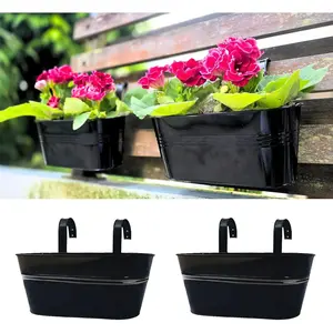 Railing Planter Outdoor Plants (2 Pack, 11.2 Inch) Black Metal Iron Hanging Flower Pots Deck Rail Fence Hanging Bucket Modern Countryside Style Window Box Plant Holder with Hooks Porch Decor