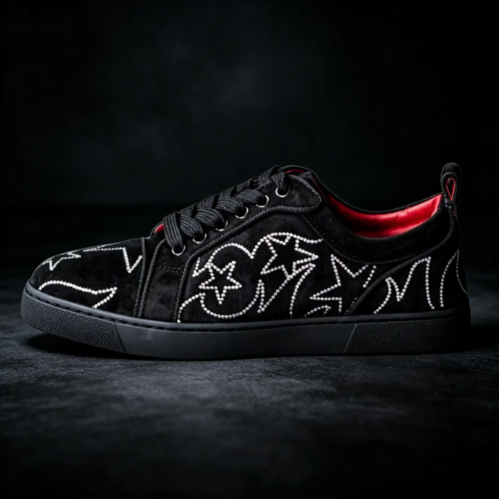 Pentagram shoes with glittering and set diamonds. Men's shoes that shine brightly. Casual and versatile shoes that go well with everything. Flat and fashionable low-top style. Retro and trendy. The focus at parties.