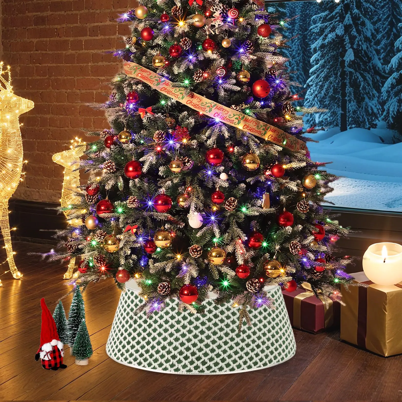33" Traditional Green Quilted Christmas Tree Collar - Sturdy Classic Rhombus Pattern Festive Decoration, 31" Tree Ready, Soft Home Decor Accessory with 2 Clips, Holiday Stand Base Cover, Geometric