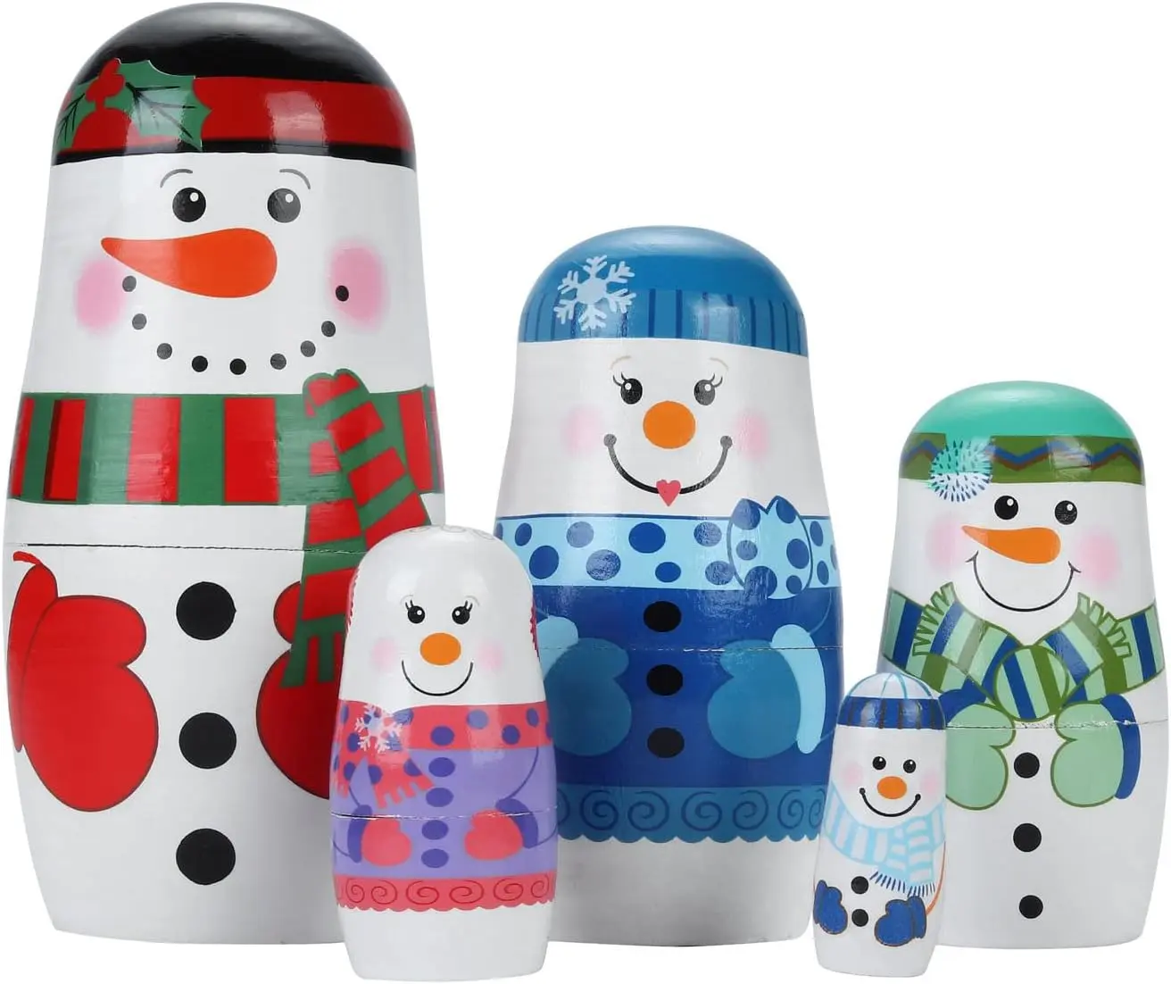 5-Piece Handmade Wooden Snowman Nesting Dolls Set – Russian Matryoshka Christmas and Birthday Gift