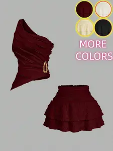 Women's Sleeveless Fitted Short Top with Waist Buckle Decoration & Pleated Skirt Set, Casual Summer, Chic Fashionable Women's Clothing