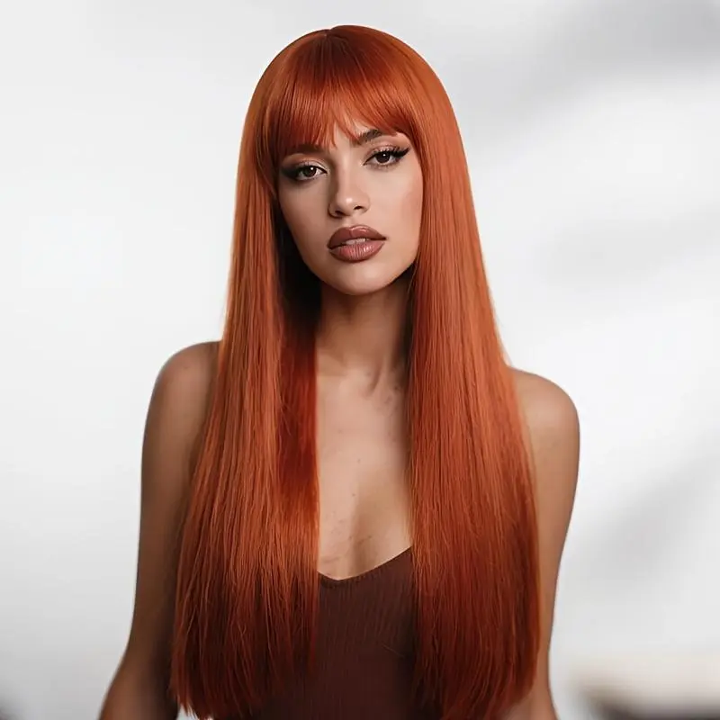 Orange-Red Wig - 26-Inch Long Straight Hair with Bangs |   Highlighted, Machine-Woven Synthetic Wig |   Silky-Smooth Texture |   Designed for Women |   Ideal for Daily Wear, Parties, and Music Festivals
