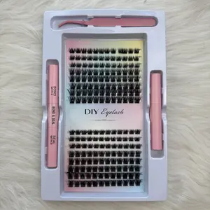 4 in 1 set 192 pcs Fluffy Lash Clusters Eyelash Extensions Kit with Tweezers Bond & Seal 8-16mm Light Volume Wispy Professional Makeup Lashes Easy DIY Non Irritating High Quality 3D Lash Bottom Supplies Set
