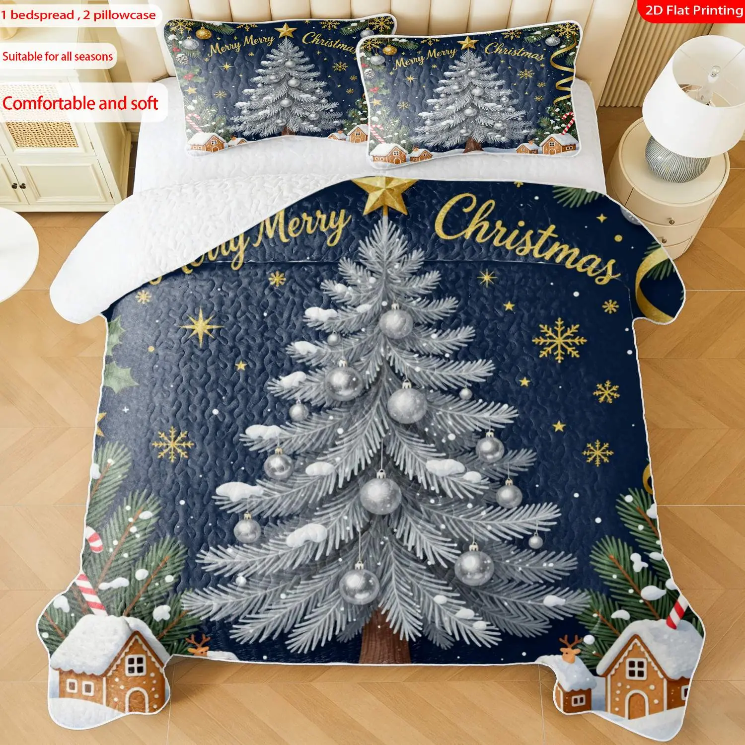 3pcs, 2D flat print Modern Christmas Tree bed cover set with Snowflake Gingerbread House theme, multiple sizes available, bedding set, festive decorative bedding, ideal for bedroom décor(1 bedspread , 2 pillowcase)
