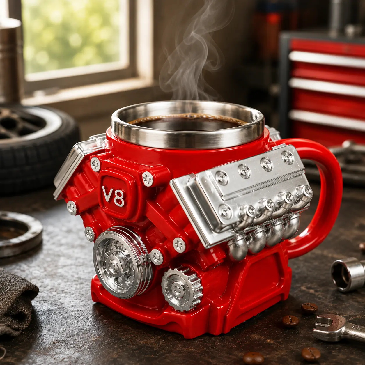 10oz Capacity Sturdy Stainless Steel Coffee Mug - Stylish Personalized Handcrafted V8 Engine Design Reusable Drinkware for Tea and Drinks, Unique Gifts for Man (Ideal for Father's Day)