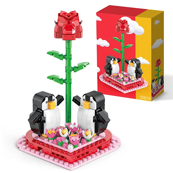 Buildable Penguin Rose Bricks Building Block Set with Heart Base, 281-Piece Valentine’s Day STEM Sensory Toy, 6.6" Tall Screen-Free Activity for Ages 6+, Parent-Child Bonding Gift & Home Decor, Building Block Sets