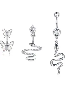 3 Pcs Surgical Steel Belly Button Rings Butterfly Snake Belly Button Rings CZ Crystal Navel Rings for Women Beach 14G