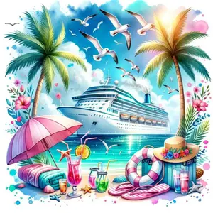 5D DIY Handmade Diamond Painting Kit, Full Round Drill Art Set, Cruise, Beach, Coconut Tree Design, Home Decor Gift