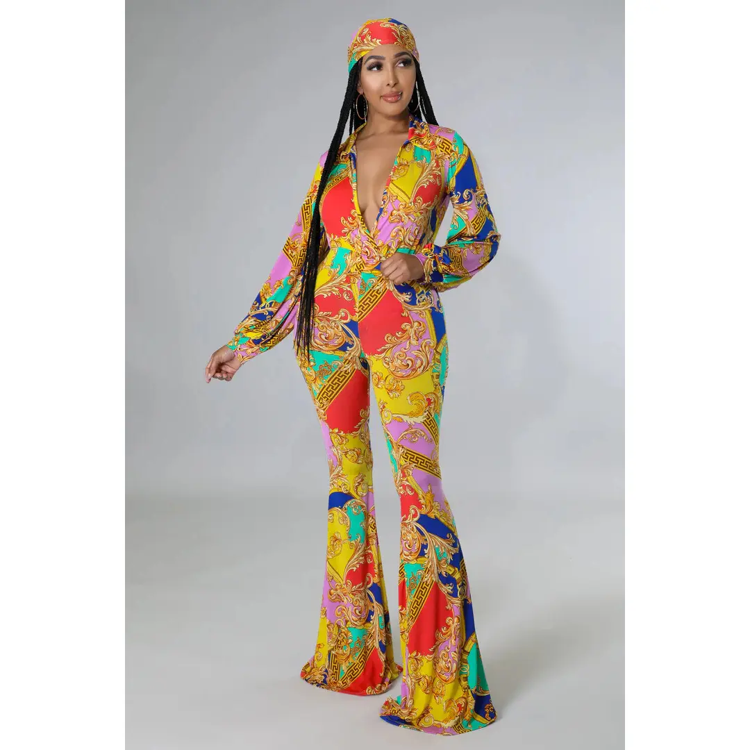 Women's Flare Bottom V Neck Bodysuit Multi-Color Pant Set
