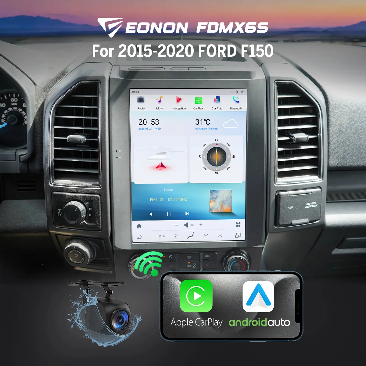 EONON 12.1" Car Stereo for Ford F-150 (2015-2020), Wireless Apple CarPlay & Android Auto, Android 13 Head Unit, 4GB+64GB, GPS Navigation, Bluetooth, SWC, Backup Camera