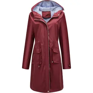 Women's Hooded Rain Jacket Long Waterproof Raincoat Casual Full Zip Anorak Midi Windbreaker Pockets