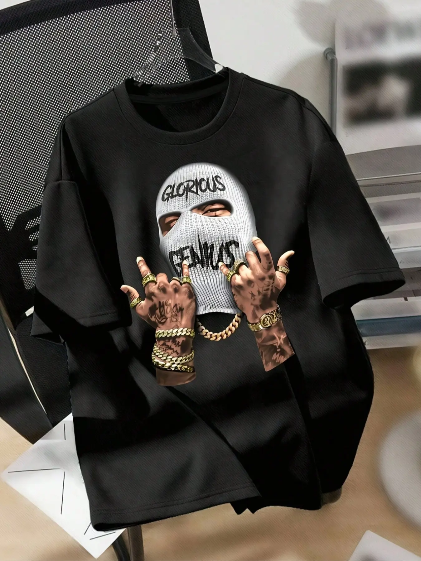 Men's Fashion Streetwear Casual Graphic Masked Person Print Round Neck Short Sleeve Fitted T-Shirt