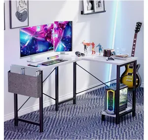 L Shaped Gaming Desk with Wooden Desktop CPU Stand Side Bag Reversible for Home Office Small Space, White