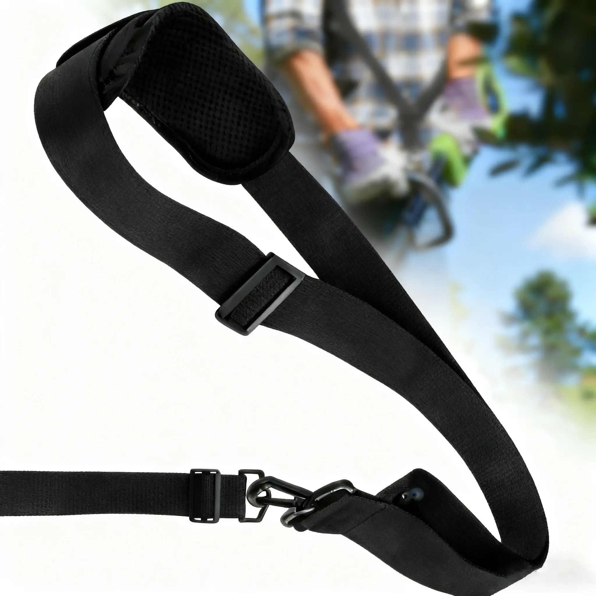 Adjustable Nylon Weed Eater Harness with 3.5cm/1.4in Strap, 7.5*20cm Pad, Rotating Snap, Snap Interface, Quick Attach, Weight Sharing for Universal Lawn Tools (String Trimmer, Leaf Blower) - 1 Black Shoulder Strap, Nylon Fabric