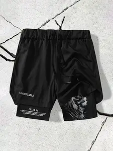 Men's High Street Lion Head Graphic Shorts, Breathable Quick-Dry Training Pants, Casual Fitted Sports Bottoms, Trendy Fitness Five-Inch Shorts