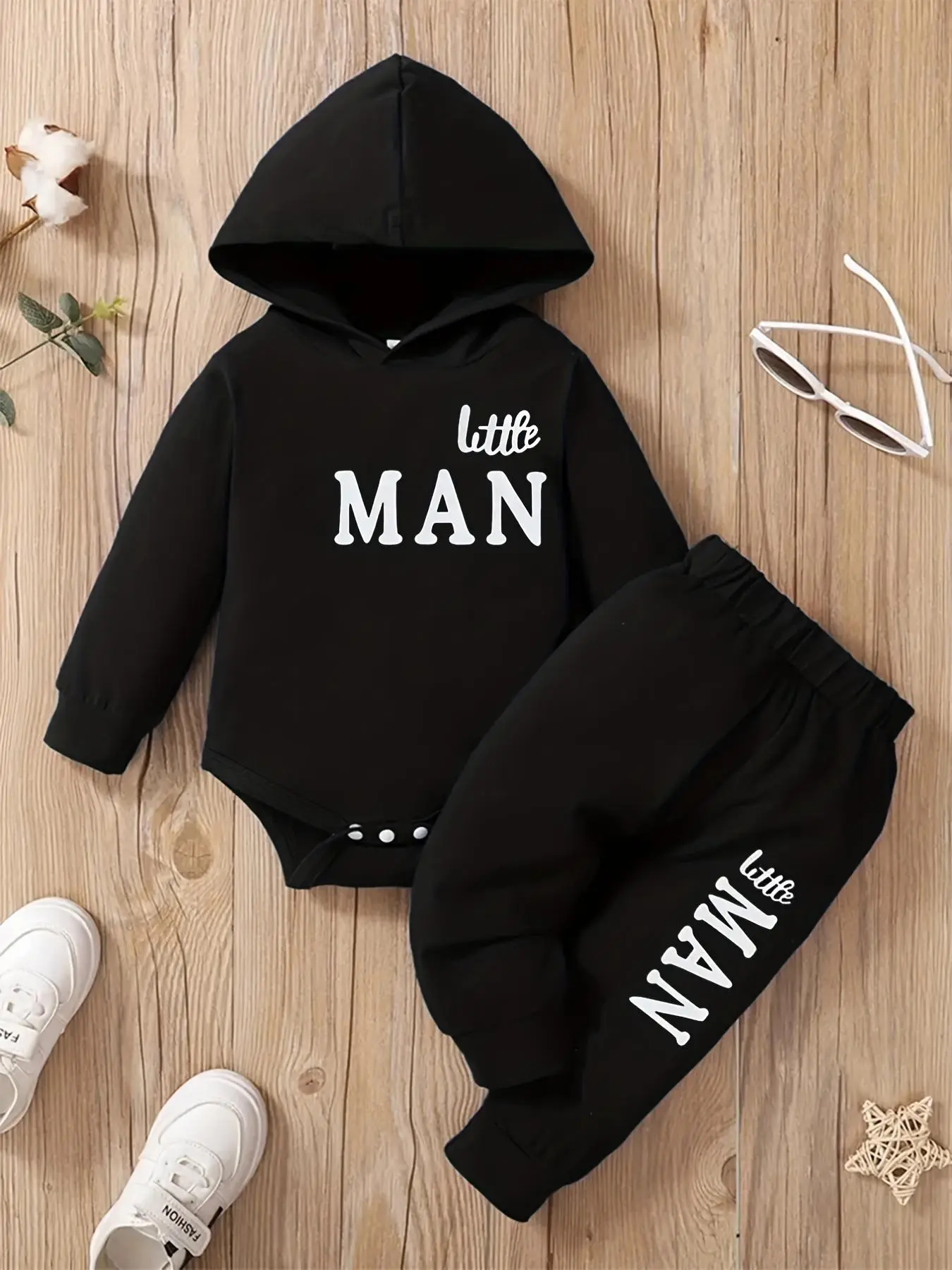 Baby's Letter Print Hooded Bodysuit & Pants Set without Shoes, Casual Long Sleeve Bodysuit & Pants, Infant Toddler Kids All Seasons Clothes, Baby Boy Clothes, Baby Clothing, Toddler Outfit