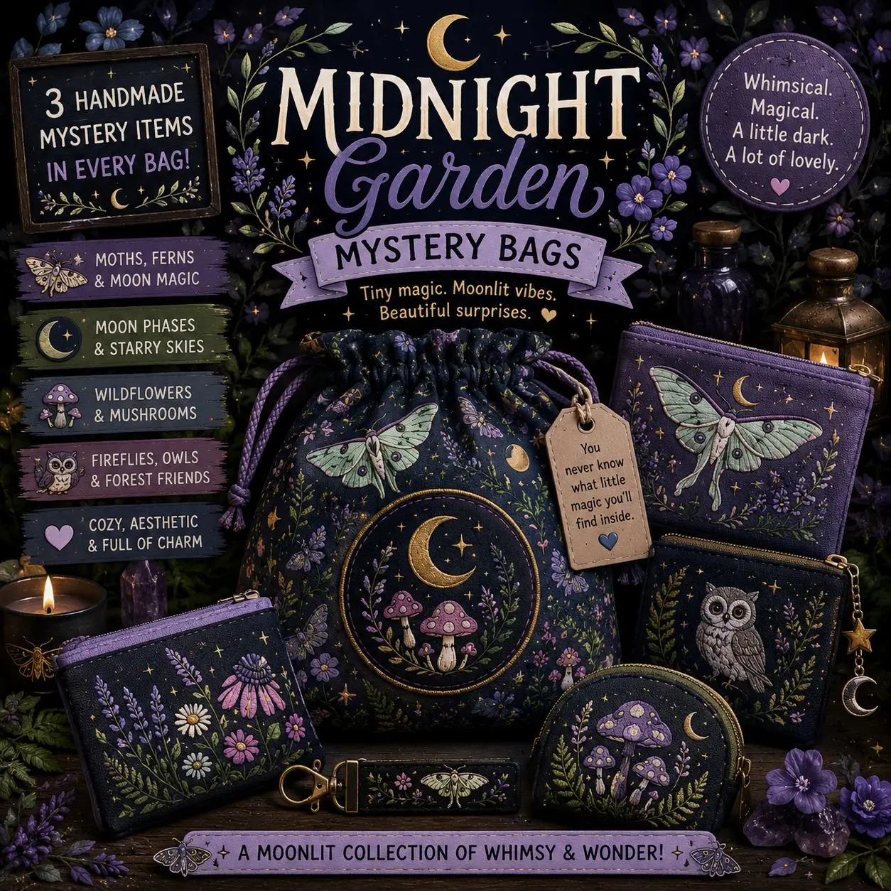 Midnight Garden Mystery Bag | Moonlit Nature Inspired Mystery Bundle | Handmade Cottagecore Accessories | Whimsical Woodland Gift