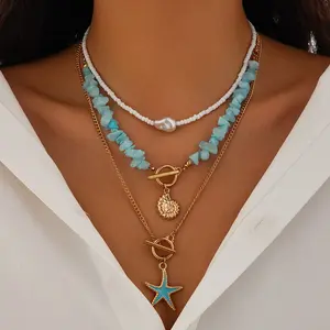 Coastal Cowgirl Baroque Dopamine Layered Necklace - 3-Tier Beaded, Blue Stone Chips, Starfish & Conch Charms, Ins Style Beachcore Vacation Costume Jewelry, Baroque Necklaces