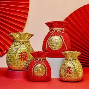 Chinese Gold Fortune Bag Money Box Decoration, Home Living Room Bar Cafe Decor, Wheat Sheaf Artificial Flower Display Ornament