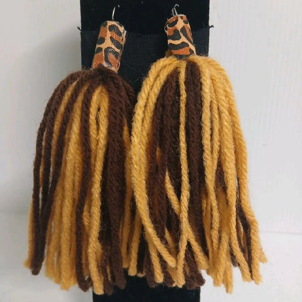 Leopard Print Dreads Earrings - Brown & Yellow Dreadlocks with Leopard Print Accents for Stylish Accessory