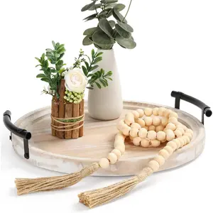 Round  Tray/w  Bead Garland - 13" Decorative Trays for  Decor - Round Wooden Tray with Handles - Circle Trays for  Decor