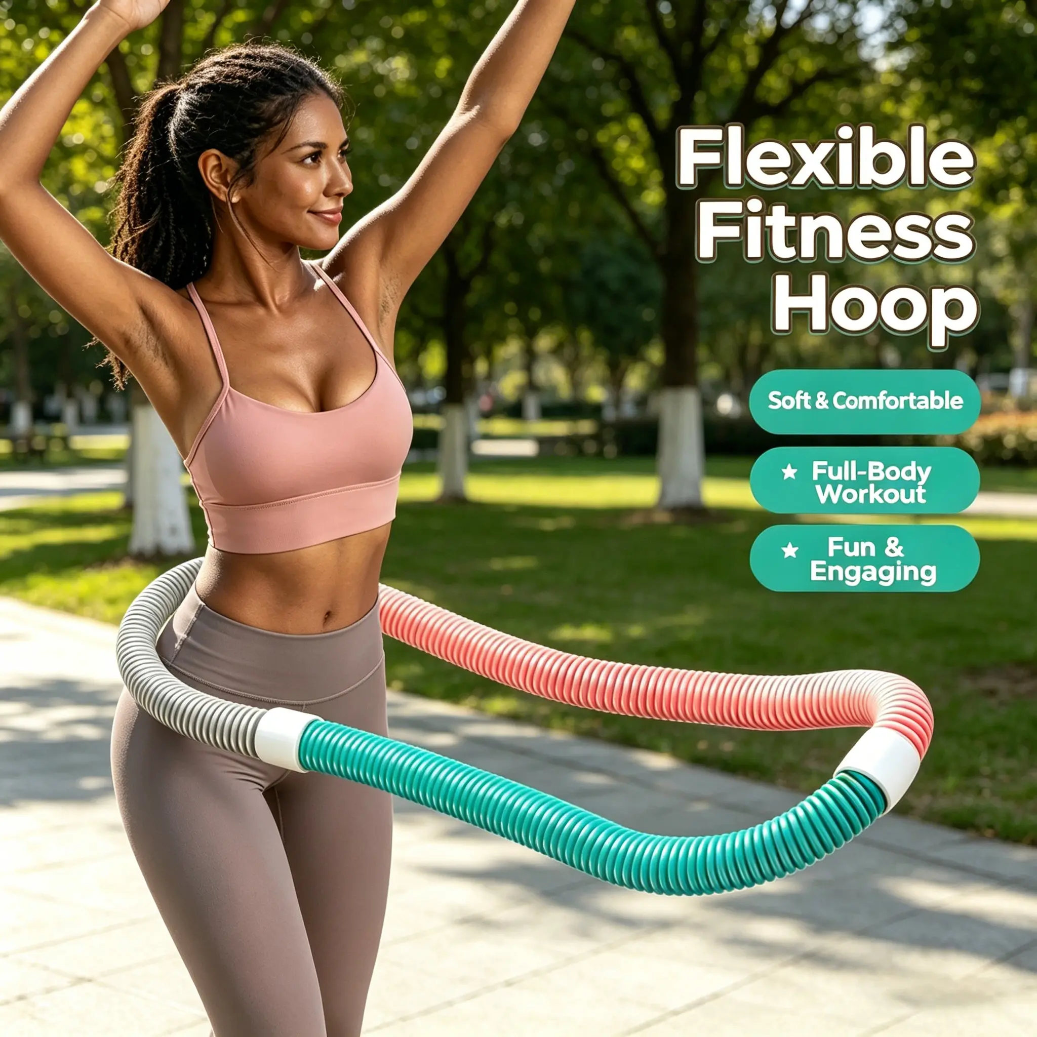 Weighted Soft Spring Fitness Hoop for Women Beginners, 3.3 Lbs Foldable Waist Exercise Hoop, Portable Abdominal Workout Hula Hoop for Home Travel Gym