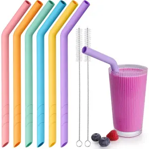 6-Pack Extra Wide Reusable Bent Silicone Straws for Boba, Smoothies, Bubble Tea, Eco-Friendly & Colorful for Thick Drinks, Dishwasher Safe, Customizable Length with 2 Brushes