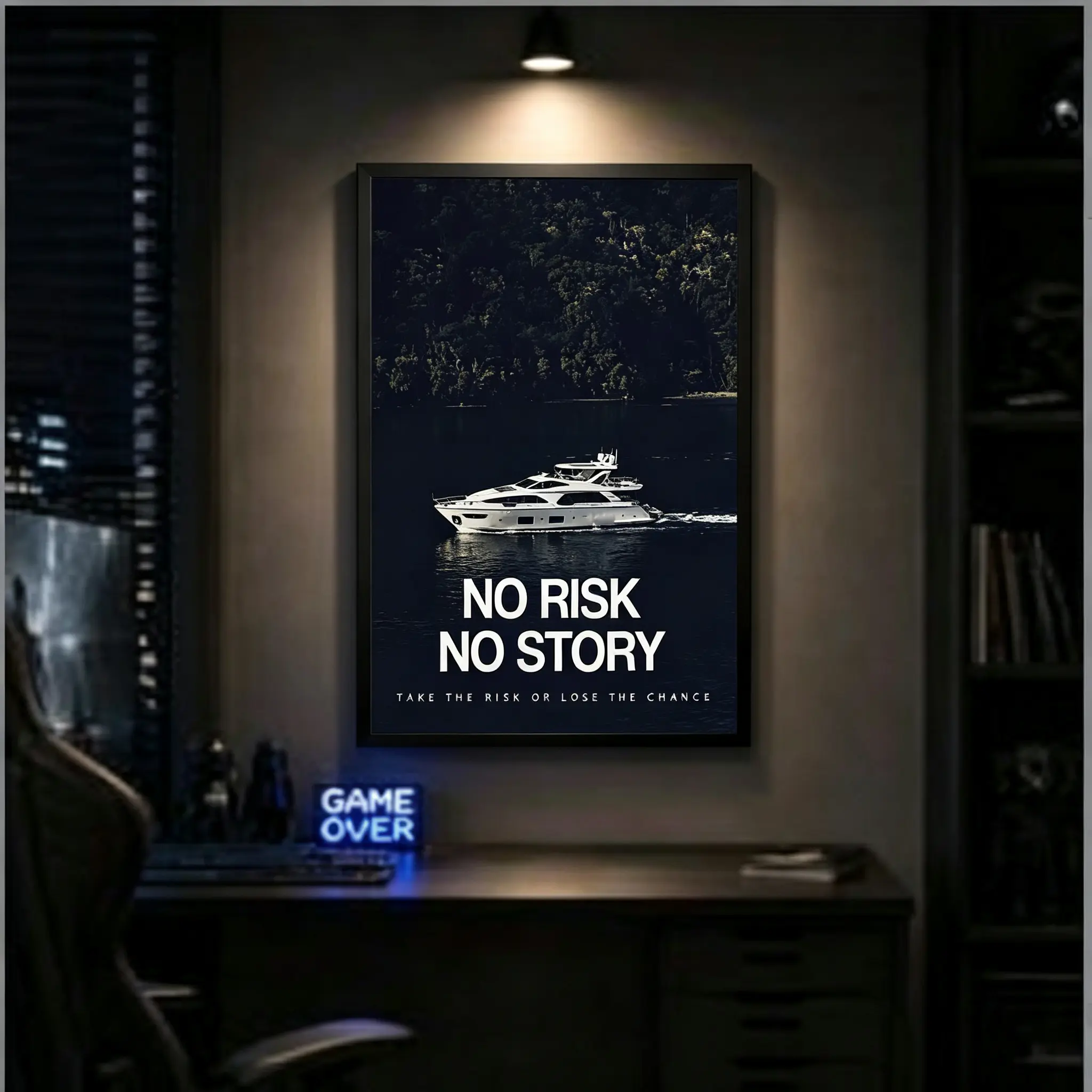 "No Risk No Story" Motivational Quotes Graphic Print, Luxury Yacht Aesthetic Canvas Wall Art for Men's Room Decor, Home Office Man Cave Wall Decor (Home Supplies Posters & Prints), Graphic Prints