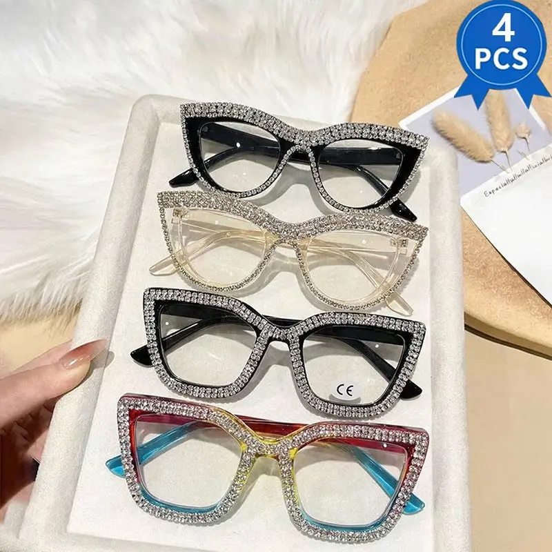 4PCS Women's Fashion Classic Cat Eye Rhinestone Different Styles Combo, Trending Eyeglasses, HD Reading Glasses - PC Maial, 1.0-4.0 Diopter, Lightweight Durable, Women Casual Clothing