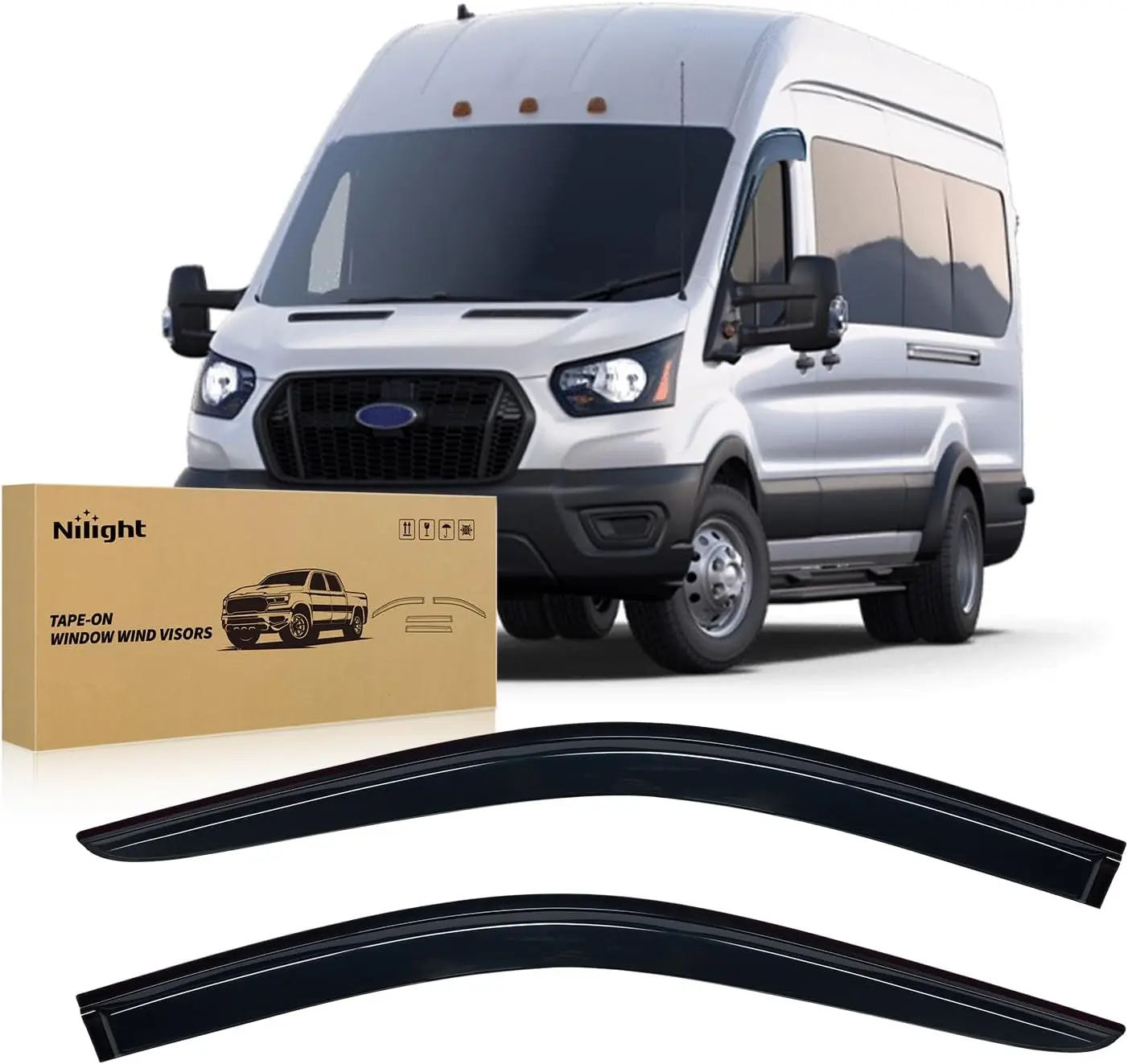Nilight Classic Acrylic Car Side Window Deflectors & Visors Set for Ford Transit 2014-2023 Van, Out-Channel Rain Guards (2PCS) - Transit Fit, Keep Rain Out, Reduce Wind Noise
