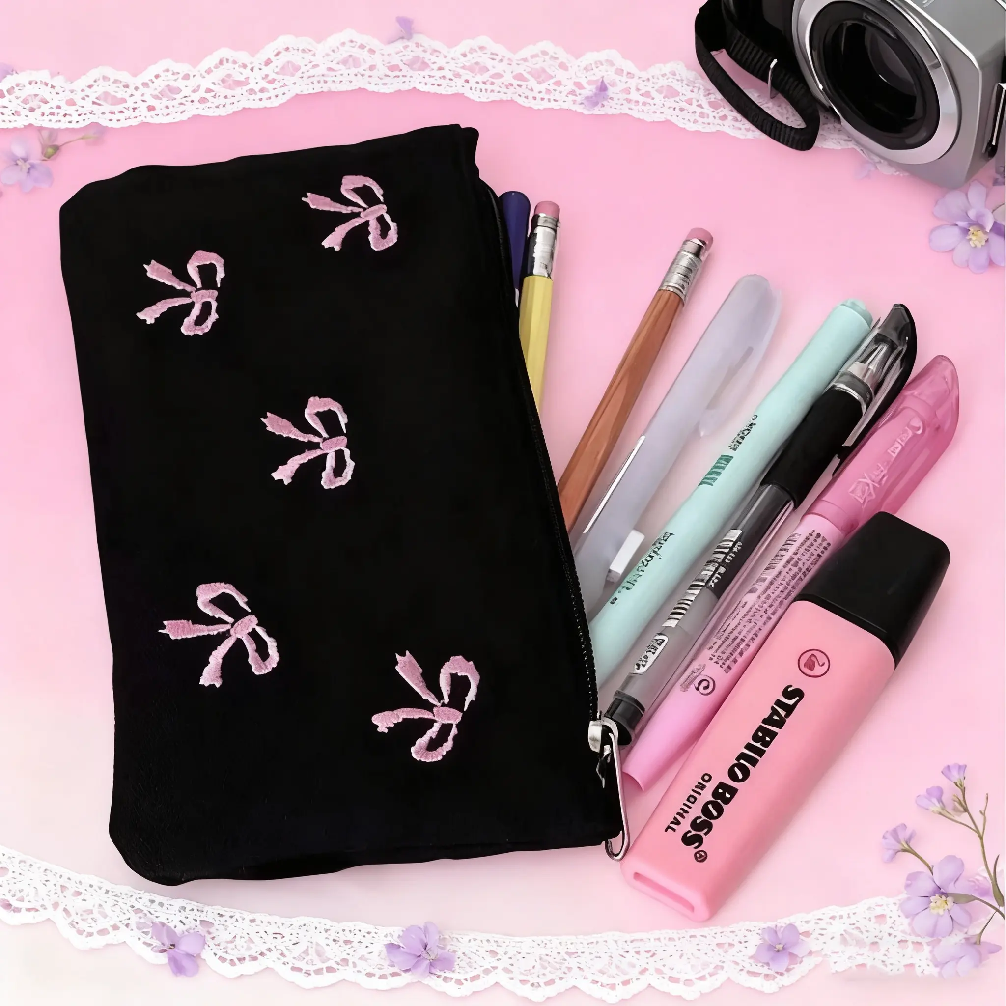 Bow Pattern Canvas Pencil Case, 1 Count Cute Bow Embroidered Pencil Bag, Stationery Bag, Office Supplies, Cosmetics Storage Bag, Desk Organizer for Office & School, Classroom Supplies