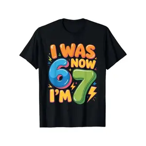7th Birthday T-Shirt - Fun "I Was 6 Now I'm 7" Number 67 Pattern with Balloons and Confetti - Soft Cotton Crew Neck for Boys - Ideal Gift for 7th Birthday Celebrations birthday