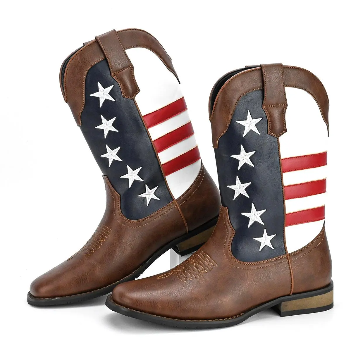 Zotixvox Men's Classic Patriotic Western Flag Pattern Mid-Calf Pull-On Casual Cowboy Boots - Chic Alternative Style Walking Shoes with Decor, Rodeo Outfit Inspo, Fabric, Western Elegance, Cuban, Slip On, Statement Shoes, Pu Leather, Synthetic, Round Toe,,