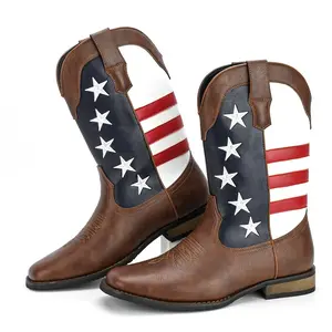 Zotixvox Men's Patriotic Western Flag Pattern Mid-Calf Pull-On Cowboy Shoe, Men's Western Boots