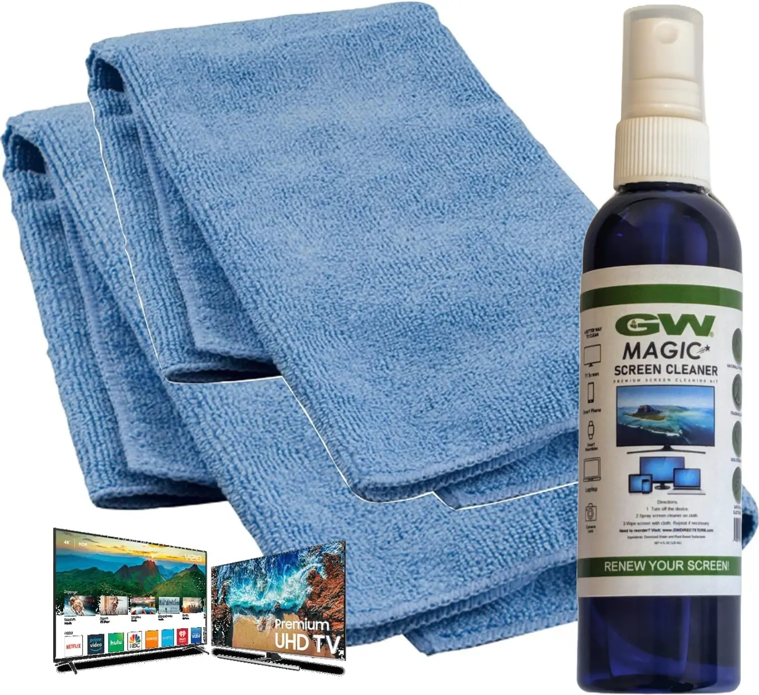 GW Deluxe Magic Screen Cleaner Kit for Samsung, LG, Sony, Ultra HD 4k HDR OLED TV, Laptop and Tablet Screens with 2 Premium Microfiber Cloths and Larger Spray Bottle Camera Crystal Smartphone