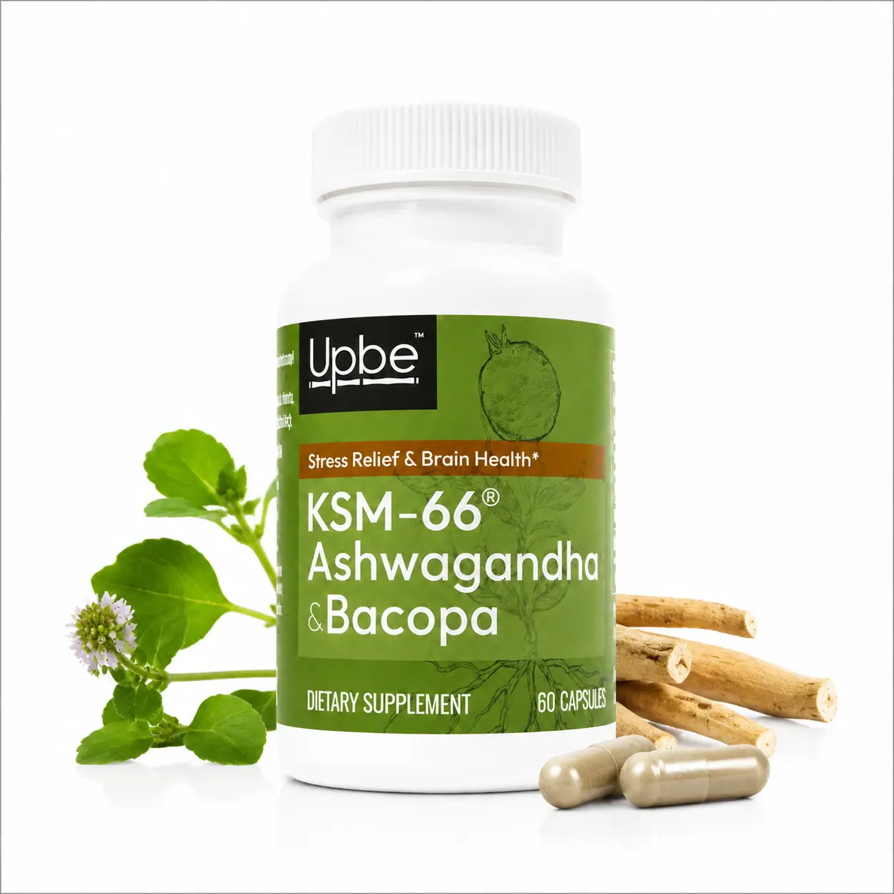 UPBE 3-in-1 KSM-66 Ashwagandha Cortisol Support - Patented Blend with Bacopa & Milk Thistle for Stress Relief, Mood, Deep Sleep, Focus & Liver Detox - 60 Vegan Capsules