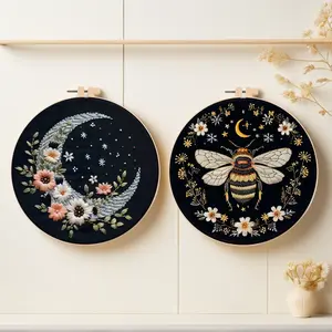 Bee & Flower Pattern Embroidery Kit, 1 Set DIY Embroidery Kit with English Teaching Paper, Cross Stitch Kit for Beginners, DIY Embroidery Supplies, Round