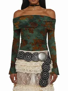 Women's Fashion Comfortable Vintage Floral Velvet One Shoulder Fitted Blouse, Long Sleeve Turn-Down Collar Top, Casual Everyday Top, Casual Elegant Chic Shirts Womenswear