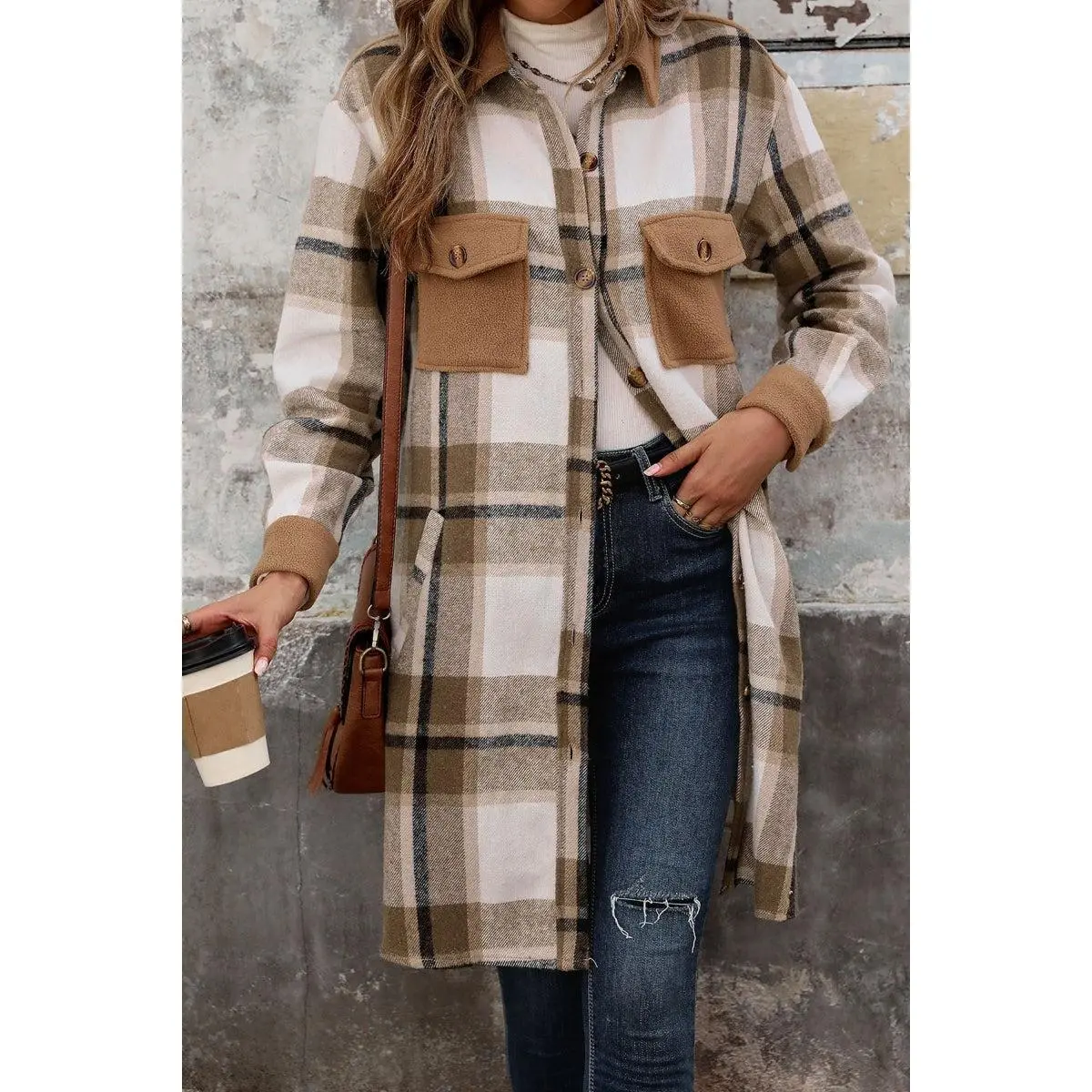 Tan and Olive Long Flannel Shacket Lightweight Plaid Jacket
