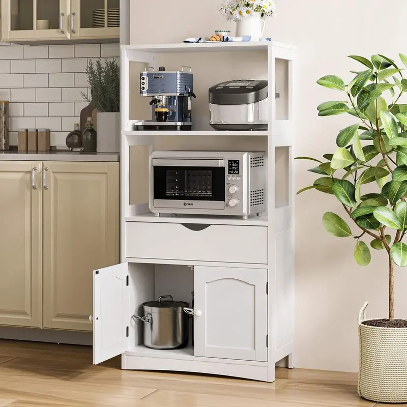 [SummerSale] Sikaic Multifunctional Storage Cabinet with Microwave Space Drawer White Furniture Organization Kitchen Organizer Freestanding Wood Cupboard, Home Furniture, Dorm Essentials