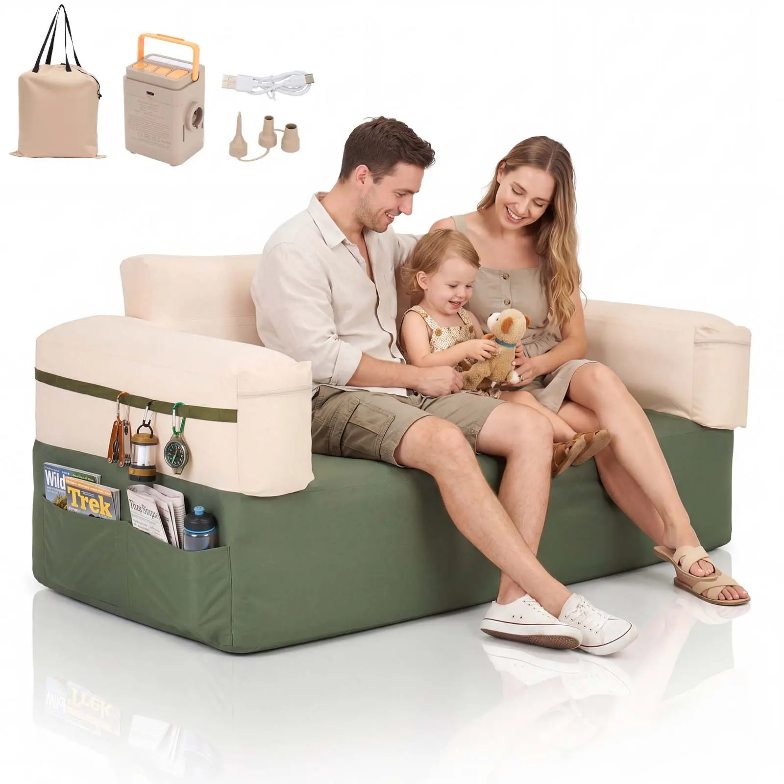 Lilypelle Inflatable Sofa with Built-in Air Pump, 440LB Capacity Portable Air Couch, 1000D Oxford Washable Fabric Camping Loveseat with Storage Pockets & LED Light for Camping, Beach, RV & Outdoor Use,home decor,camping essentials