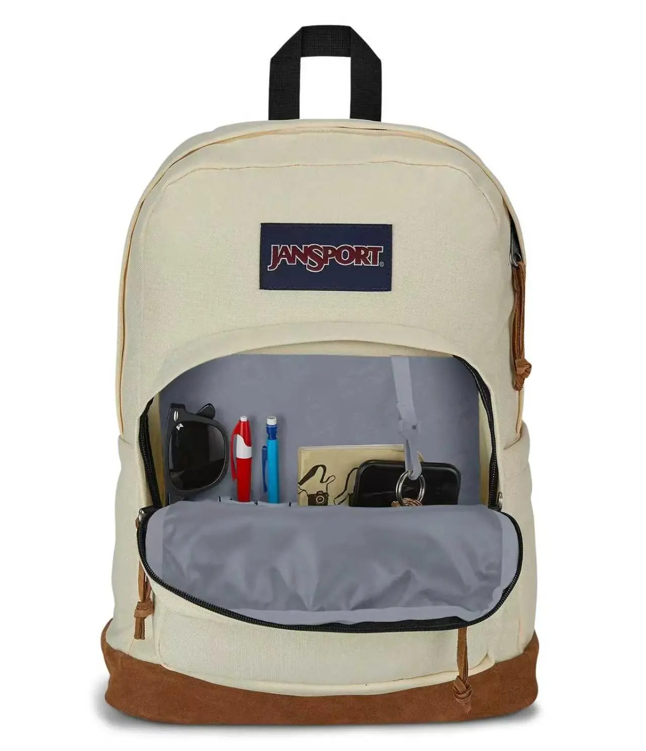 JanSport Classic Suede Bottom Backpack Cream Beige Large Capacity 15.6 Inch Laptop Backpack Vintage American Campus Student Travel Daypack For Men Women