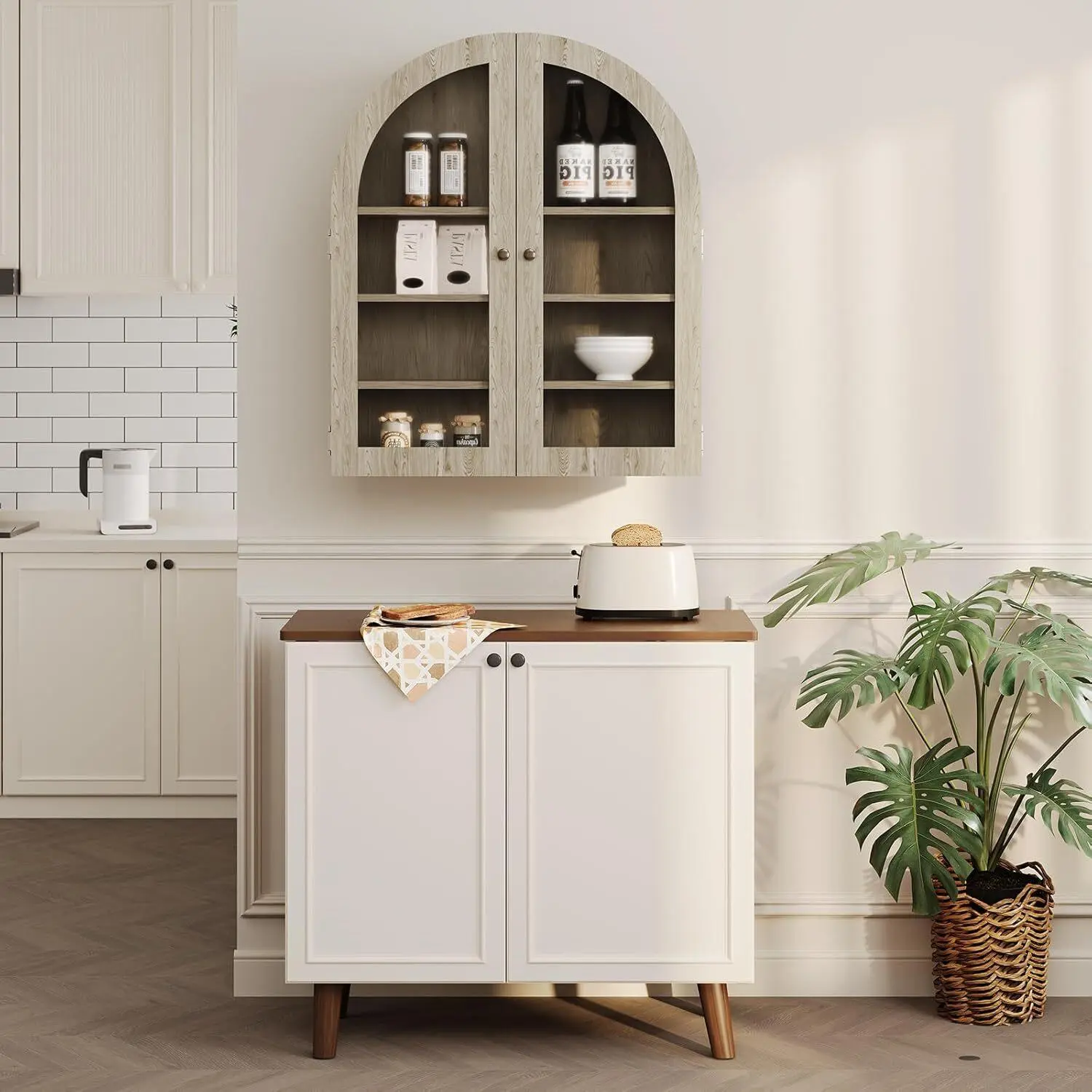 Bathroom Wall Mounted Cabinet Arched Medicine Cabinet Over The Toilet Storage Organizer with Glass Doors and Adjustable Shelves for Laundry Room Kitchen Living Room Natural Color