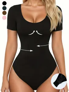 Women's Shapewear for All Seasons,Ribbed Abdomen Control Bodysuit, Short Sleeve Seamless T Shirt, Comfortable Scoop Neck Body Suit Stretchy Basic Tops, Fit Soft Elastic Fabric, Cropped, Perfect For Daily Wear and Going Out