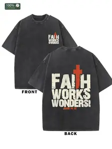 Washed vintage  Double-sided print1pc, 230G Double-Sided Washed Belief Creation Miracle Printed T-Shirt, High-Quality Wax Printed Cotton Retro Fashion Brand T-Shirt, Suitable for Summer T-Shirt with a Certain Thickness, Holiday Gift