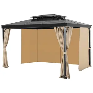 Khaki Gazebo Sidewall Curtains (Curtains Only) – 12x10x7.3ft Waterproof Poly Rectangular Panels, 4-Panel Tool-Free Hang Replacement for Patio Canopy, Double Zip, Tie Straps, Aluminum Grommets