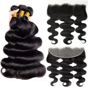 Body Wave Bundles Human Hair 100% Unprocessed Brazilian Hair Extensions, Body Wave Bundles with 4X4 Lace Closure,13x4 Transparent Lace Frontal with Bundles